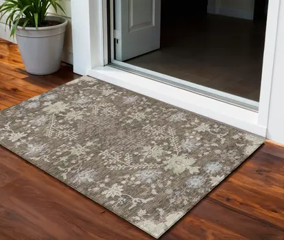 3' X 5' Brown Beige And Green Floral Washable Indoor Outdoor Area Rug