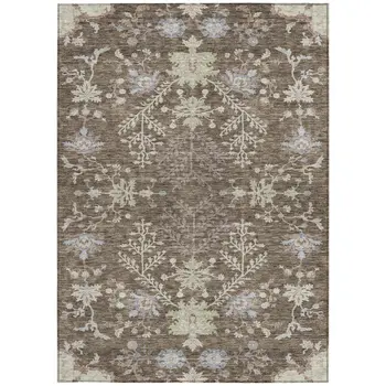 5' X 8' Brown Beige And Green Floral Washable Indoor Outdoor Area Rug
