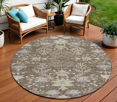 8' Brown Beige And Green Round Floral Washable Indoor Outdoor Area Rug