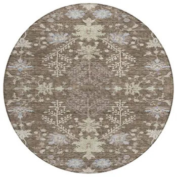 8' Brown Beige And Green Round Floral Washable Indoor Outdoor Area Rug