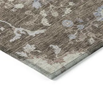 8' Brown Beige And Green Round Floral Washable Indoor Outdoor Area Rug