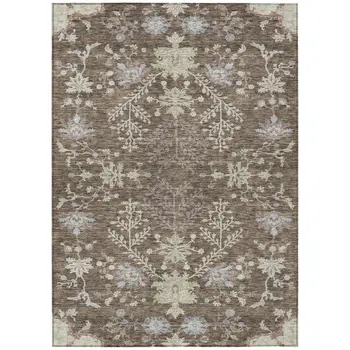8' X 10' Brown Beige And Green Floral Washable Indoor Outdoor Area Rug