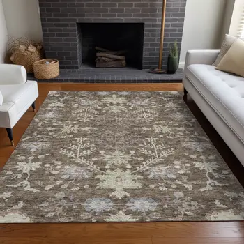 8' X 10' Brown Beige And Green Floral Washable Indoor Outdoor Area Rug