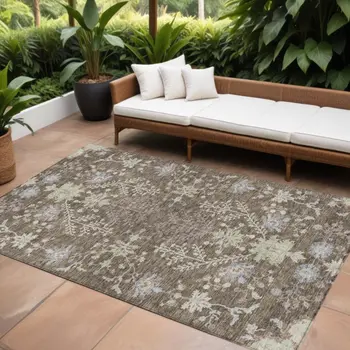 9' X 12' Brown Beige And Green Floral Washable Indoor Outdoor Area Rug