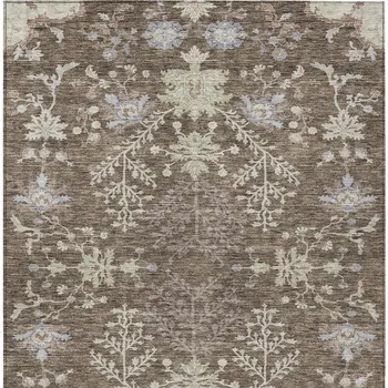 10' X 14' Brown Beige And Green Floral Washable Indoor Outdoor Area Rug