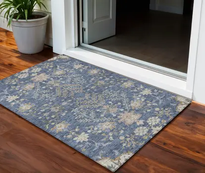 3' X 5' Blue Brown And Beige Floral Washable Indoor Outdoor Area Rug