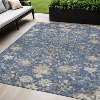 5' X 8' Blue Brown And Beige Floral Washable Indoor Outdoor Area Rug