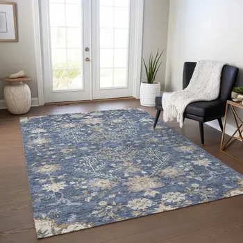 5' X 8' Blue Brown And Beige Floral Washable Indoor Outdoor Area Rug