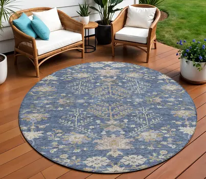 8' Blue Brown And Beige Round Floral Washable Indoor Outdoor Area Rug