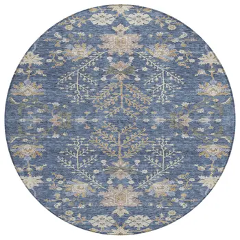 8' Blue Brown And Beige Round Floral Washable Indoor Outdoor Area Rug