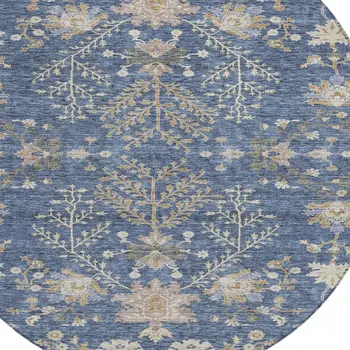 8' Blue Brown And Beige Round Floral Washable Indoor Outdoor Area Rug