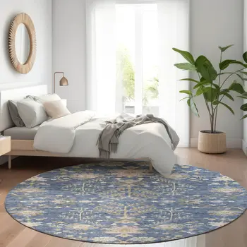 8' Blue Brown And Beige Round Floral Washable Indoor Outdoor Area Rug