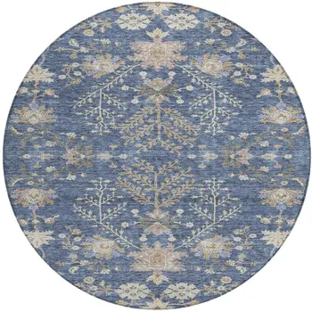 8' Blue Brown And Beige Round Floral Washable Indoor Outdoor Area Rug