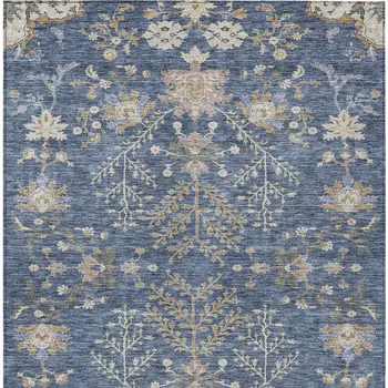 9' X 12' Blue Brown And Beige Floral Washable Indoor Outdoor Area Rug