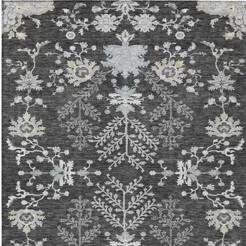 3' X 5' Charcoal Gray And Beige Floral Washable Indoor Outdoor Area Rug
