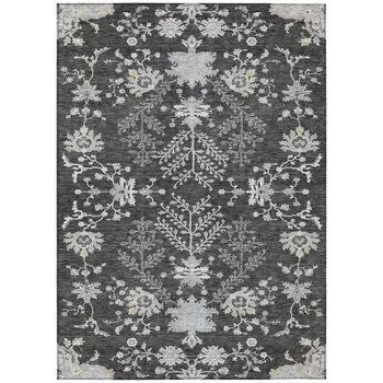 3' X 5' Charcoal Gray And Beige Floral Washable Indoor Outdoor Area Rug