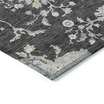 3' X 5' Charcoal Gray And Beige Floral Washable Indoor Outdoor Area Rug