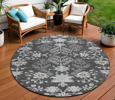 8' Charcoal Gray And Beige Round Floral Washable Indoor Outdoor Area Rug