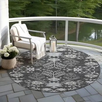 8' Charcoal Gray And Beige Round Floral Washable Indoor Outdoor Area Rug
