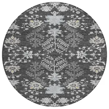 8' Charcoal Gray And Beige Round Floral Washable Indoor Outdoor Area Rug
