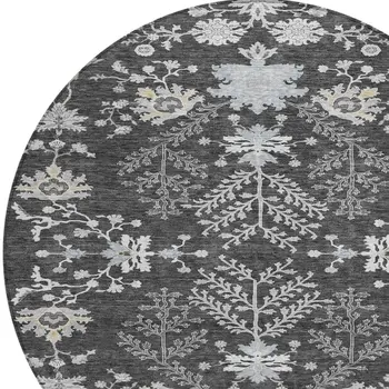 8' Charcoal Gray And Beige Round Floral Washable Indoor Outdoor Area Rug