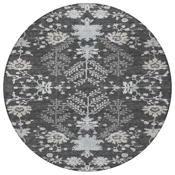 8' Charcoal Gray And Beige Round Floral Washable Indoor Outdoor Area Rug