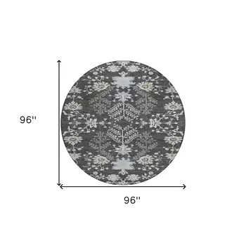 8' Charcoal Gray And Beige Round Floral Washable Indoor Outdoor Area Rug