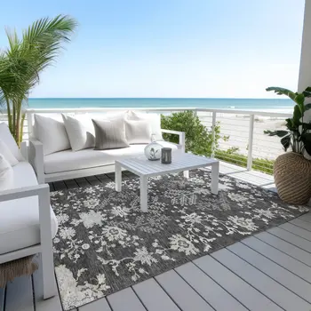 8' X 10' Charcoal Gray And Beige Floral Washable Indoor Outdoor Area Rug
