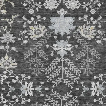 8' X 10' Charcoal Gray And Beige Floral Washable Indoor Outdoor Area Rug
