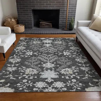 8' X 10' Charcoal Gray And Beige Floral Washable Indoor Outdoor Area Rug