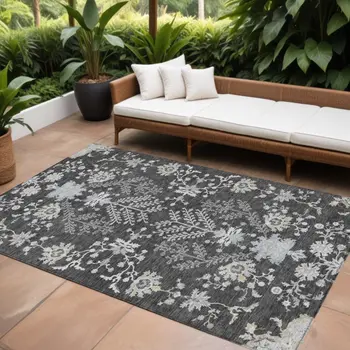 9' X 12' Charcoal Gray And Beige Floral Washable Indoor Outdoor Area Rug