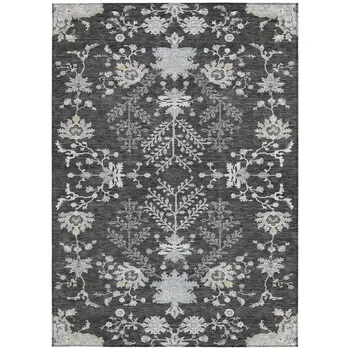 10' X 14' Charcoal Gray And Beige Floral Washable Indoor Outdoor Area Rug