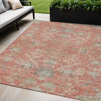 5' X 8' Coral Charcoal And Gray Floral Washable Indoor Outdoor Area Rug