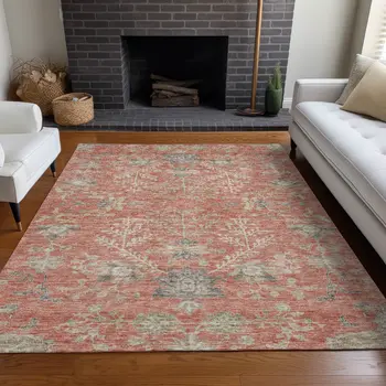 5' X 8' Coral Charcoal And Gray Floral Washable Indoor Outdoor Area Rug