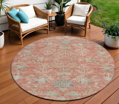 8' Coral Charcoal And Gray Round Floral Washable Indoor Outdoor Area Rug