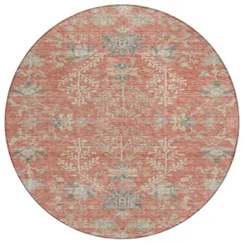 8' Coral Charcoal And Gray Round Floral Washable Indoor Outdoor Area Rug