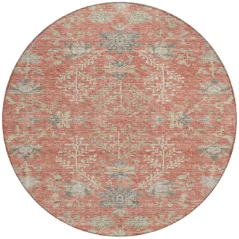 8' Coral Charcoal And Gray Round Floral Washable Indoor Outdoor Area Rug