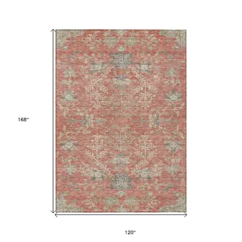 10' X 14' Coral Charcoal And Gray Floral Washable Indoor Outdoor Area Rug