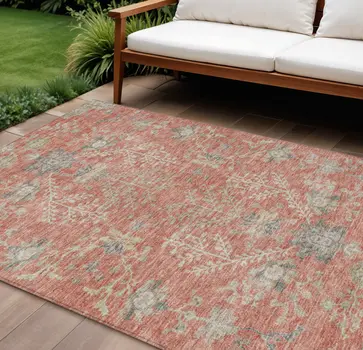 10' X 14' Coral Charcoal And Gray Floral Washable Indoor Outdoor Area Rug