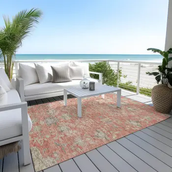 10' X 14' Coral Charcoal And Gray Floral Washable Indoor Outdoor Area Rug