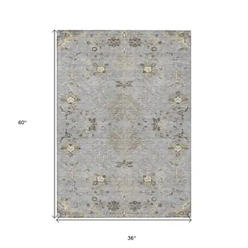3' X 5' Gray Beige And Ivory Floral Washable Indoor Outdoor Area Rug