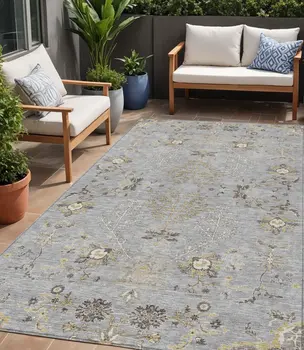 5' X 8' Gray Beige And Ivory Floral Washable Indoor Outdoor Area Rug