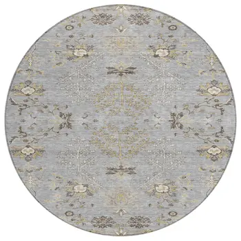 8' Gray Beige And Ivory Round Floral Washable Indoor Outdoor Area Rug