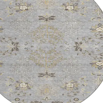 8' Gray Beige And Ivory Round Floral Washable Indoor Outdoor Area Rug