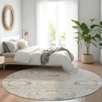 8' Gray Beige And Ivory Round Floral Washable Indoor Outdoor Area Rug