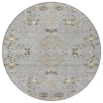 8' Gray Beige And Ivory Round Floral Washable Indoor Outdoor Area Rug
