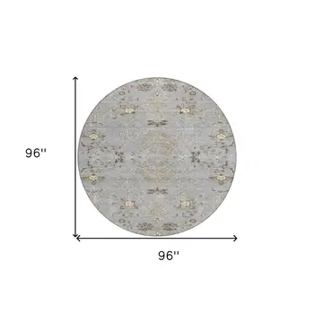 8' Gray Beige And Ivory Round Floral Washable Indoor Outdoor Area Rug