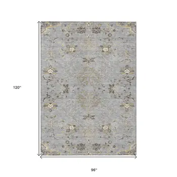 8' X 10' Gray Beige And Ivory Floral Washable Indoor Outdoor Area Rug