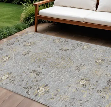 8' X 10' Gray Beige And Ivory Floral Washable Indoor Outdoor Area Rug