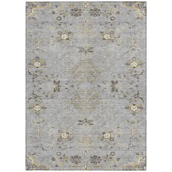 9' X 12' Gray Beige And Ivory Floral Washable Indoor Outdoor Area Rug